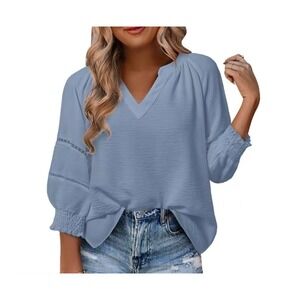 Dokotoo Womens V Neck Crochet Lace Smocked Cuff Blouse Blue XL 467